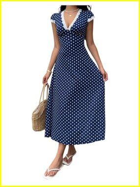 Polka Dot Lace Trim V Neck A-Line Maxi Dress Long Sleeve Flowy